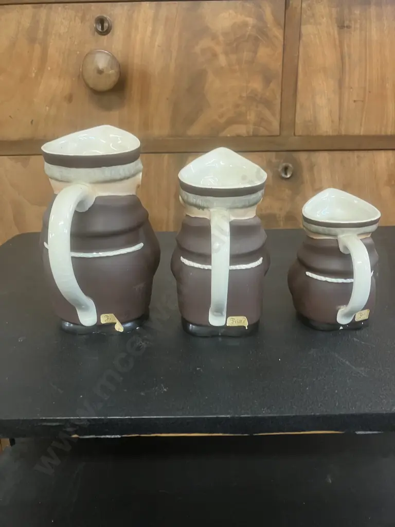Vintage Goebel West German Set of Three Graduated Friar Tuck Pitchers, Numerically Numbered To Base Image 1++