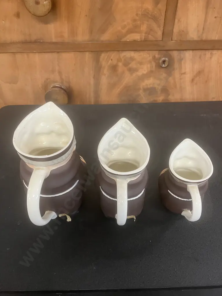 Vintage Goebel West German Set of Three Graduated Friar Tuck Pitchers, Numerically Numbered To Base Image 1++