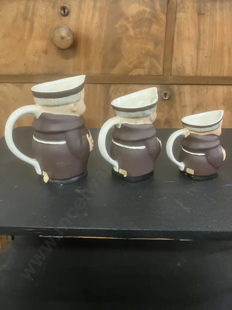 Vintage Goebel West German Set of Three Graduated Friar Tuck Pitchers, Numerically Numbered To Base Image 1++