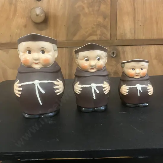 Vintage Goebel West German Set of Three Graduated Friar Tuck Pitchers, Numerically Numbered To Base