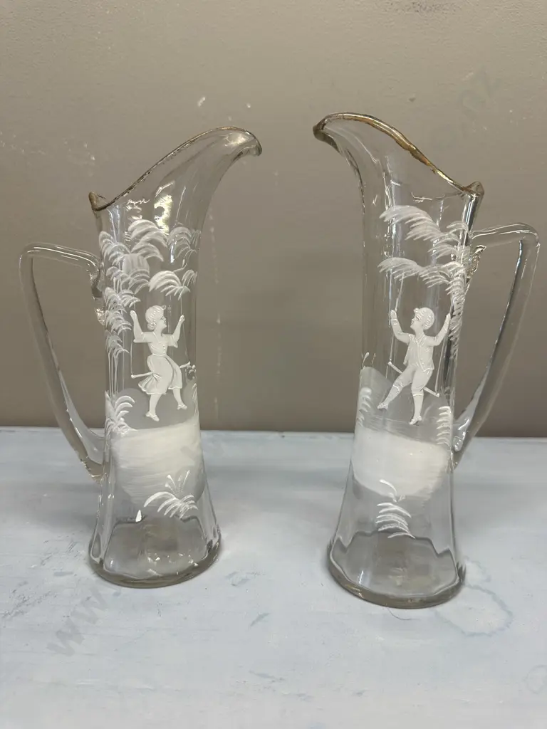 Pair Of Mary Gregory Glass Pitchers Girl & Boy On Swing (af to girl on swing) Image 1++