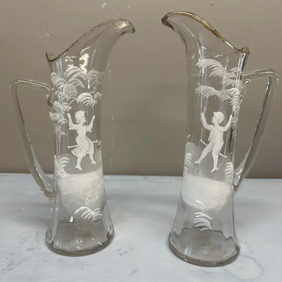 Pair Of Mary Gregory Glass Pitchers Girl & Boy On Swing (af to girl on swing)