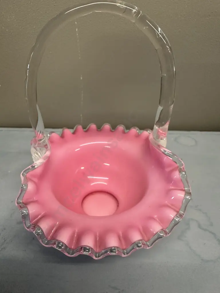 Vintage Fenton Glass Silver Crest Basket White & Pink Ruffled With Clear Handle Image 1++