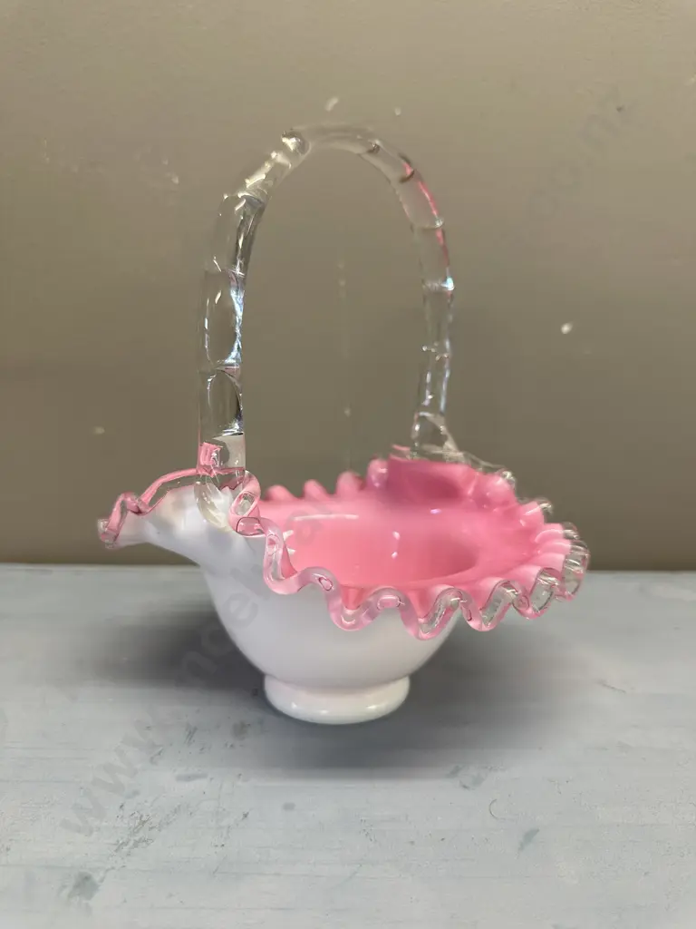 Vintage Fenton Glass Silver Crest Basket White & Pink Ruffled With Clear Handle Image 1++