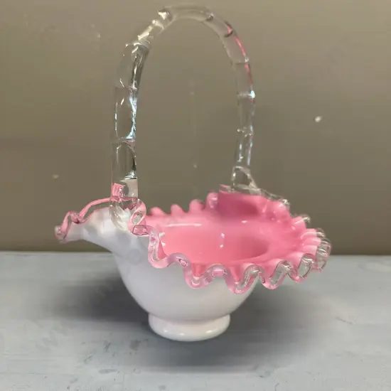Vintage Fenton Glass Silver Crest Basket White & Pink Ruffled With Clear Handle