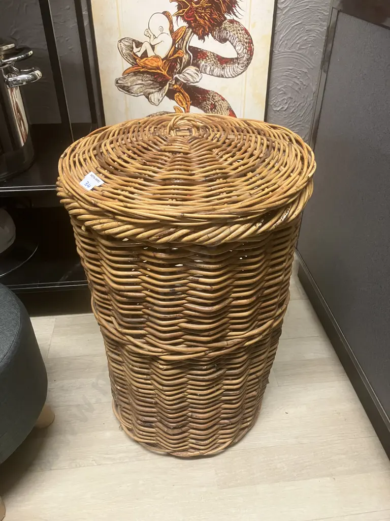 Vintage Lidded Cane Hamper H62cm. Image 1++
