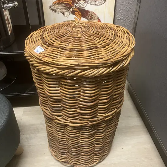 Vintage Lidded Cane Hamper H62cm.