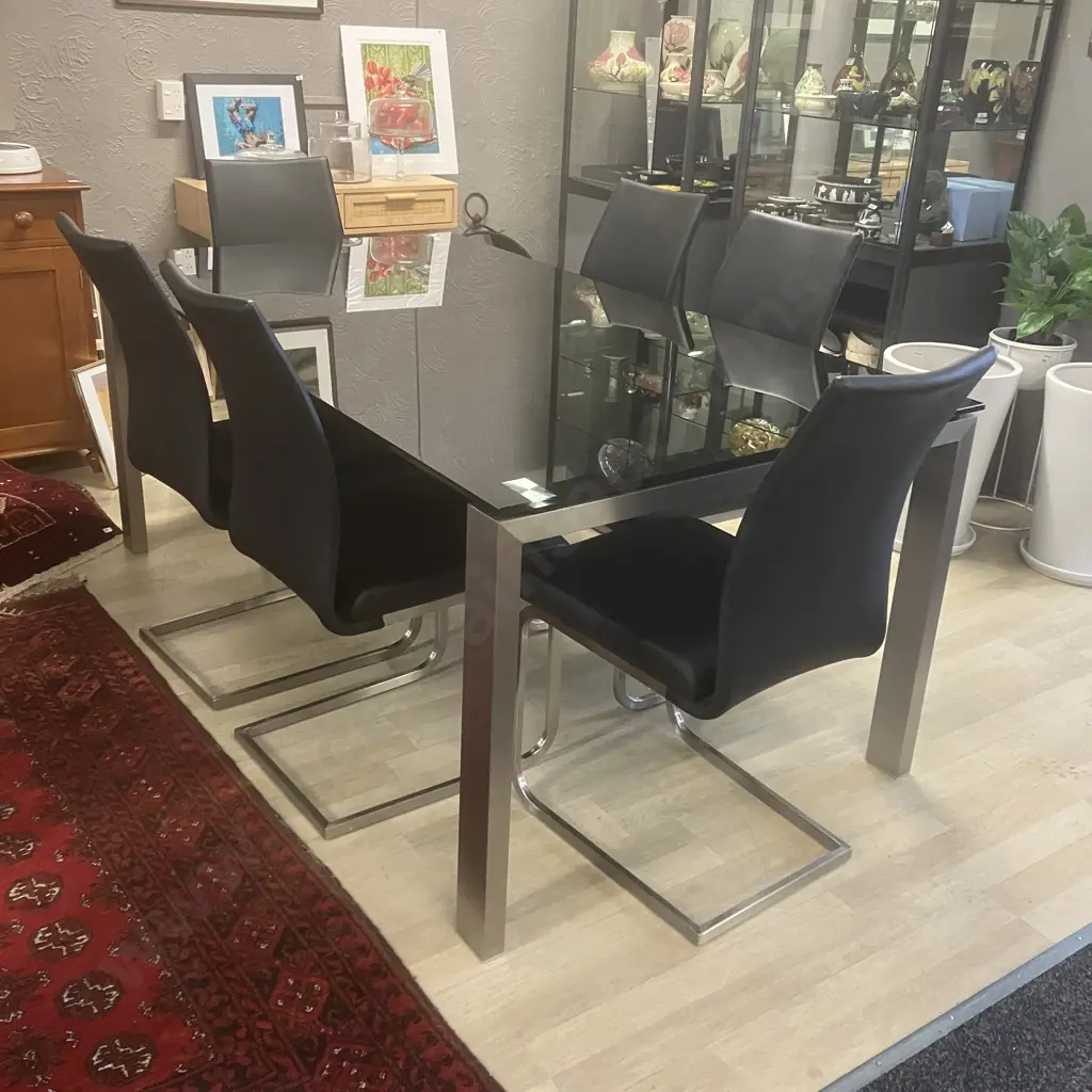 Black Glass Topped Rectangular Dining Table With 6 Black Leather Effect High Back Cantilever Chairs. H76 W180 D100cm Image 1++