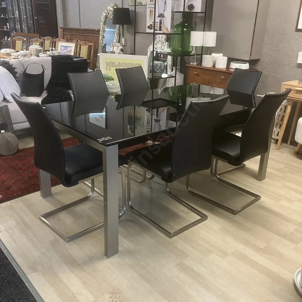 Black Glass Topped Rectangular Dining Table With 6 Black Leather Effect High Back Cantilever Chairs. H76 W180 D100cm Image 1++