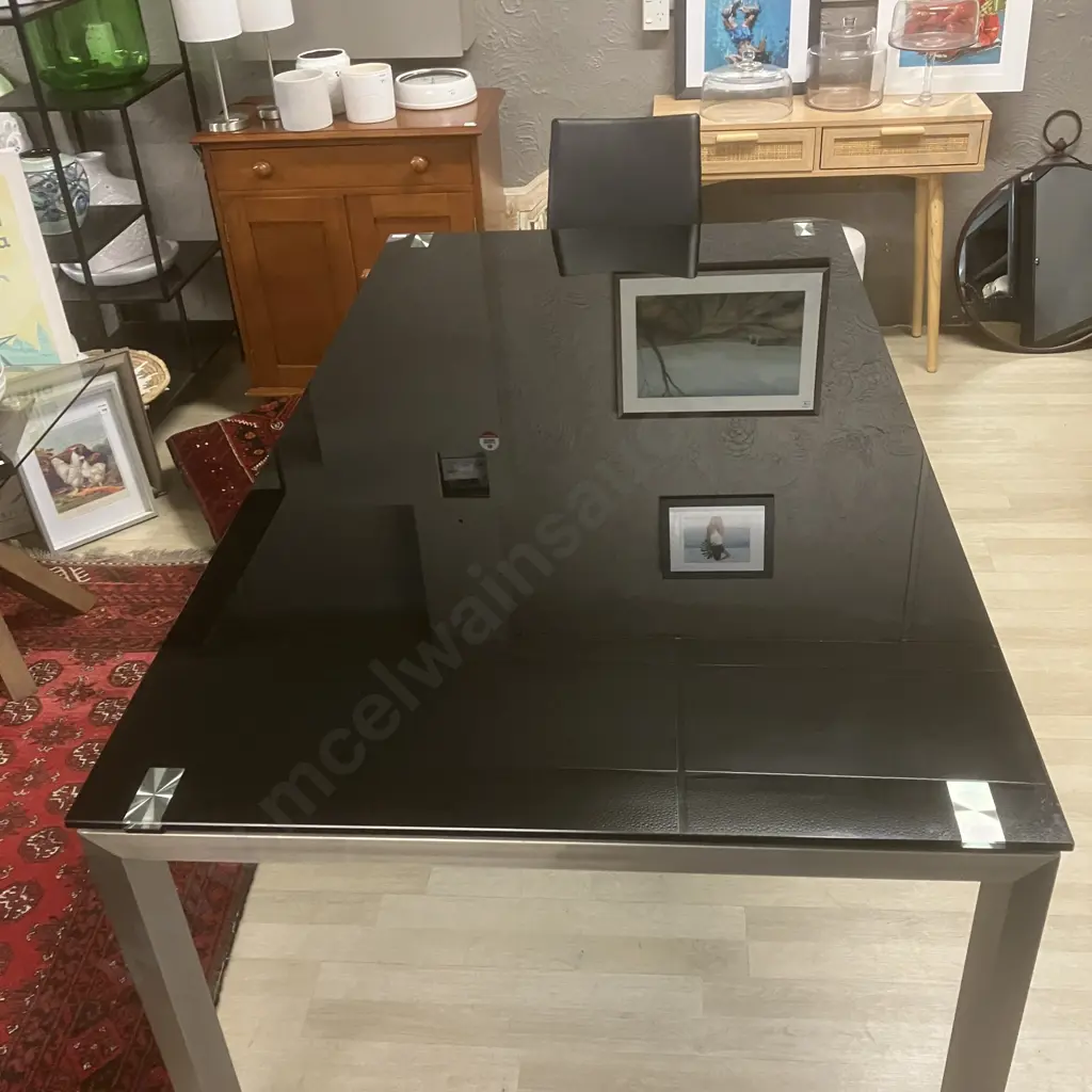 Black Glass Topped Rectangular Dining Table With 6 Black Leather Effect High Back Cantilever Chairs. H76 W180 D100cm Image 1++