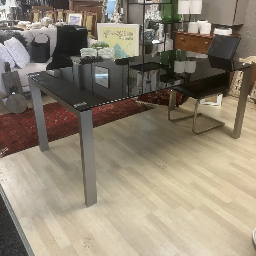 Black Glass Topped Rectangular Dining Table With 6 Black Leather Effect High Back Cantilever Chairs. H76 W180 D100cm Image 1++