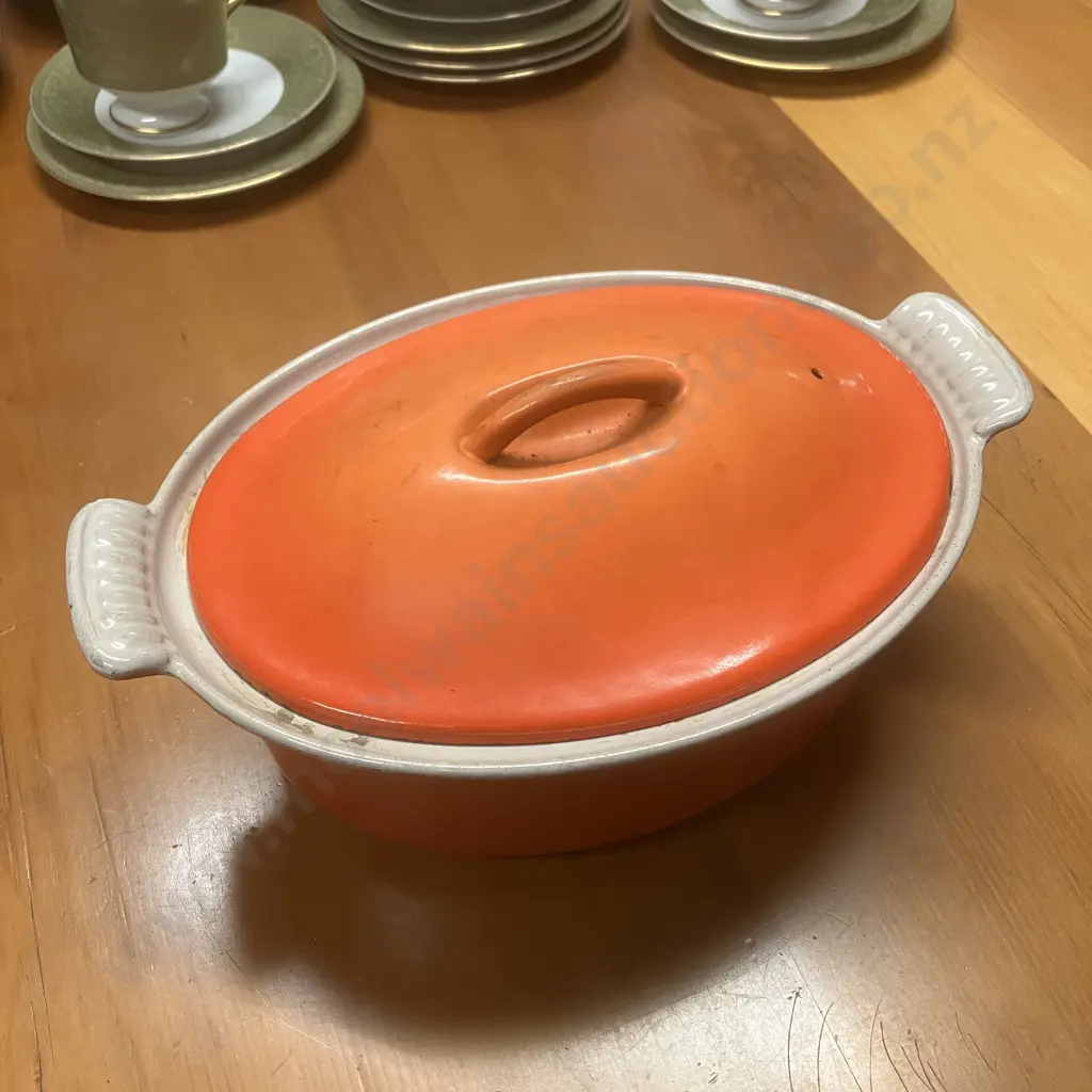 Vintage 'Le Creuset / Cousances' Style Enamelled Cast Iron Lidded Oval Dutch Oven, Flame Orange Color (No Maker) Image 1++