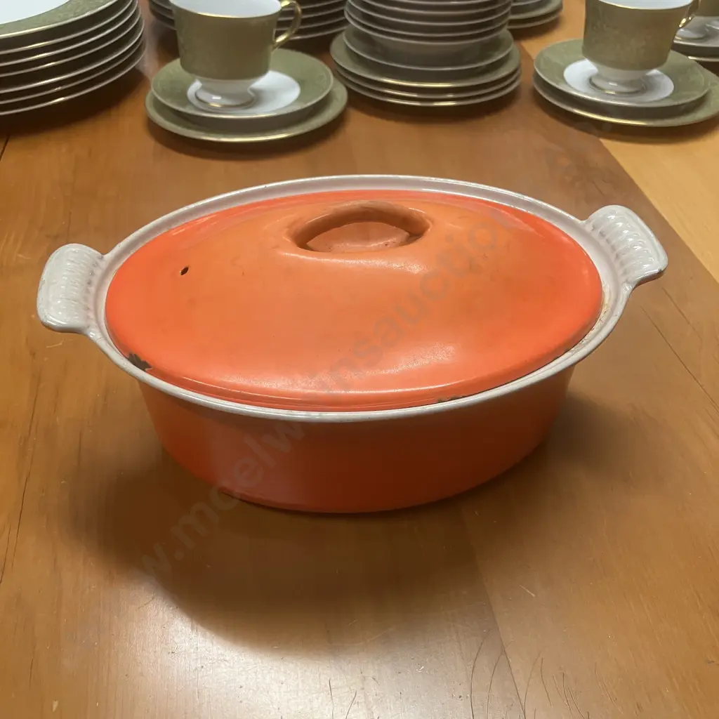 Vintage 'Le Creuset / Cousances' Style Enamelled Cast Iron Lidded Oval Dutch Oven, Flame Orange Color (No Maker) Image 1++