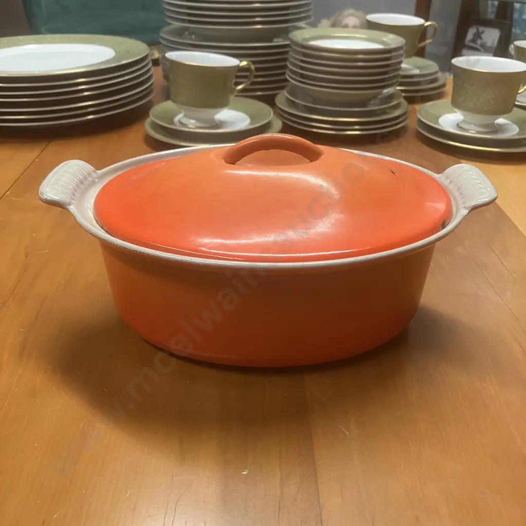 Vintage 'Le Creuset / Cousances' Style Enamelled Cast Iron Lidded Oval Dutch Oven, Flame Orange Color (No Maker) Image 1++