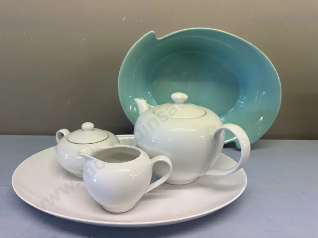 Mason & Cash Form Bowl, Levene Teapot, Sugar Bowl, Creamer & Platter Image 1++