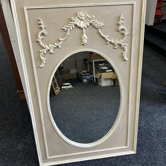 Cream Ornate Framed Oval Mirror H117cm, W80cm.
