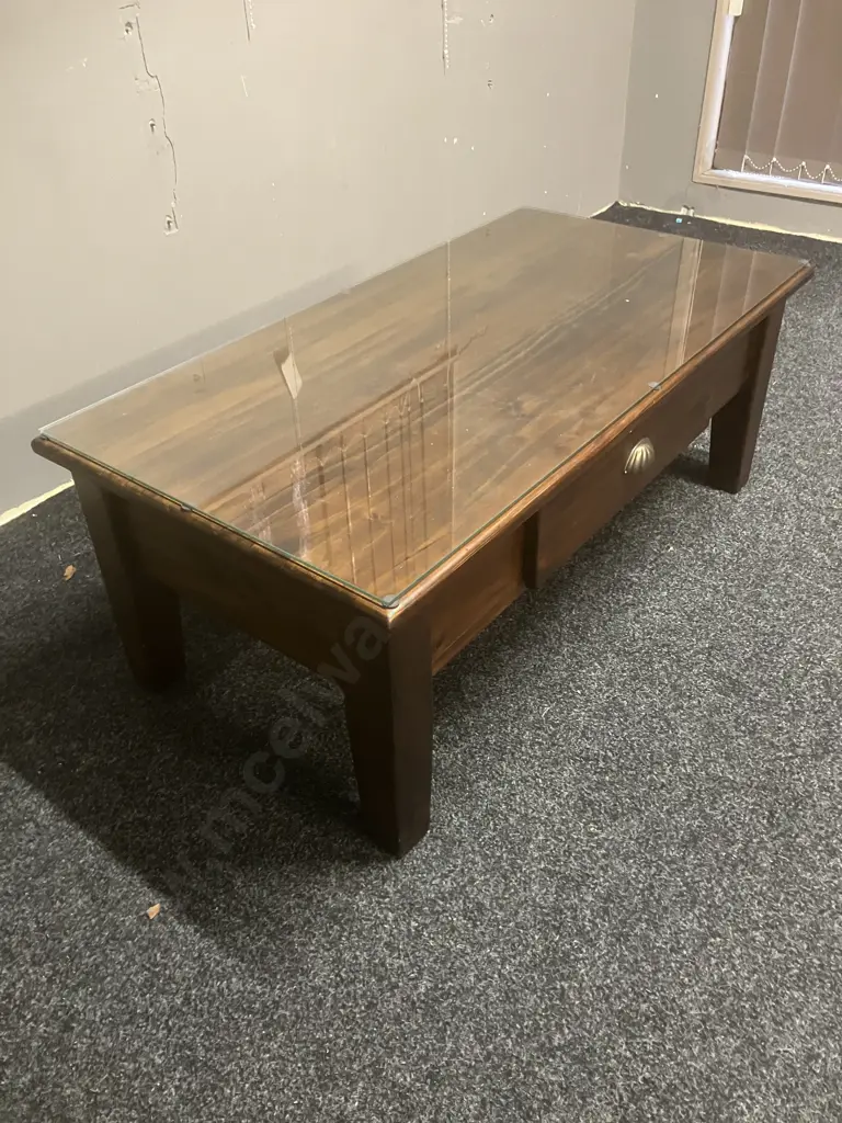 Wooden Coffee Table With Single Drawer & Glass Top. H40.5 W105 D55cm Image 1++