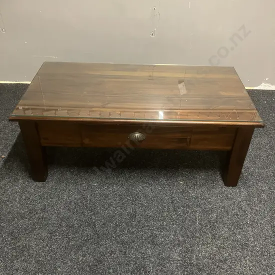 Wooden Coffee Table With Single Drawer & Glass Top. H40.5 W105 D55cm