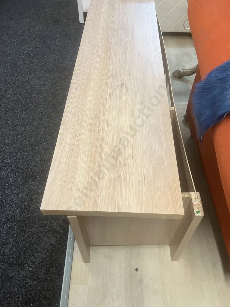 White Oak Effect TV Stand, 2 Soft Close Doors. H45 W150 D39cm (Needs Glue & Screws - As Found) Image 1++