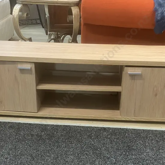 White Oak Effect TV Stand, 2 Soft Close Doors. H45 W150 D39cm (Needs Glue & Screws - As Found)