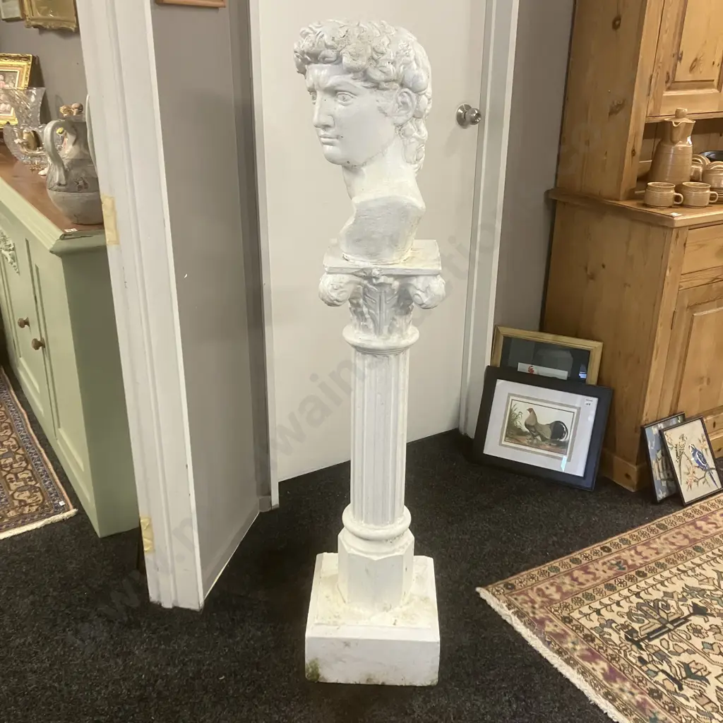 Concrete Bust of Michelangelo's David On Concrete Pedestal. H143cm Image 1++