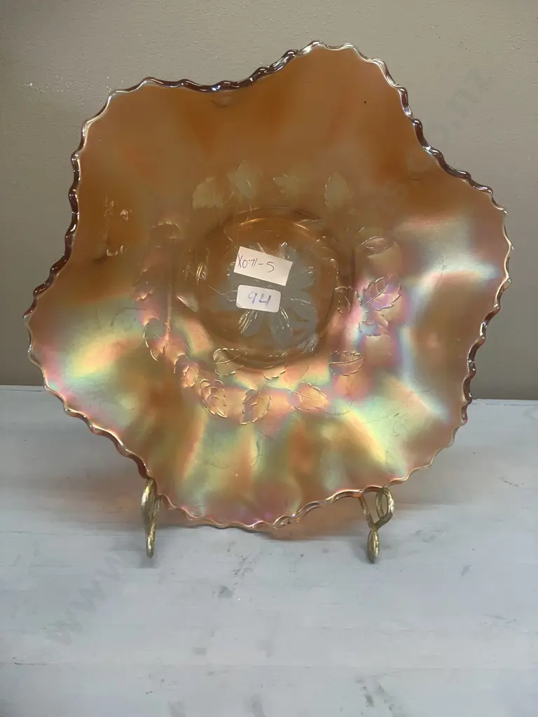 Antique Dugan Cosmos Variant Amethyst / Marigold? Iridescent 6-Ruffel Carnival Glass Bowls, Early 1900s. 8 x 25 & 7 x 24 Image 1++