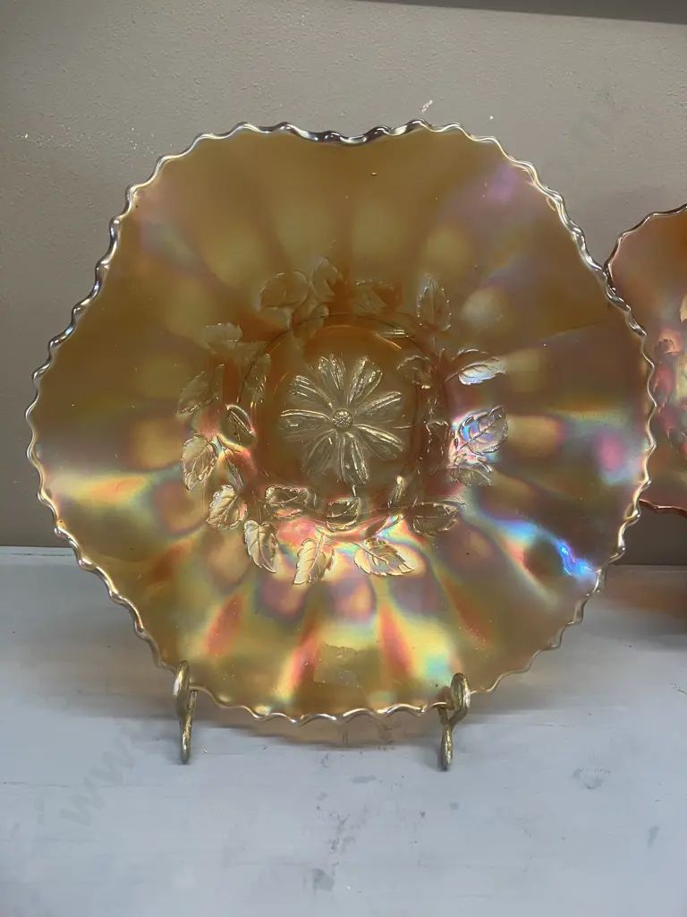 Antique Dugan Cosmos Variant Amethyst / Marigold? Iridescent 6-Ruffel Carnival Glass Bowls, Early 1900s. 8 x 25 & 7 x 24 Image 1++