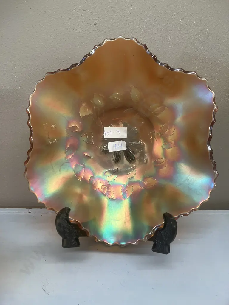 Antique Dugan Cosmos Variant Amethyst / Marigold? Iridescent 6-Ruffel Carnival Glass Bowls, Early 1900s. 8 x 25 & 7 x 24 Image 1++