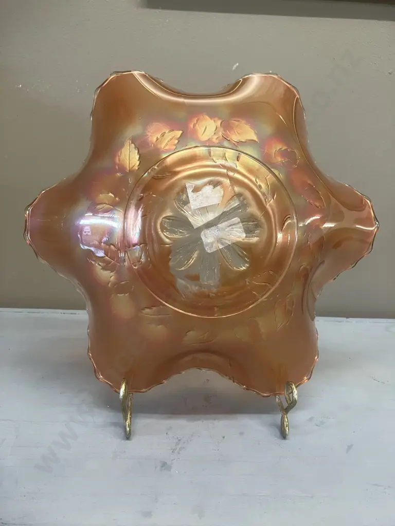 Antique Dugan Cosmos Variant Amethyst / Marigold? Iridescent 6-Ruffel Carnival Glass Bowls, Early 1900s. 8 x 25 & 7 x 24 Image 1++