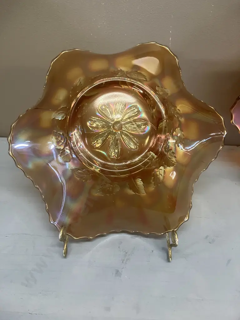 Antique Dugan Cosmos Variant Amethyst / Marigold? Iridescent 6-Ruffel Carnival Glass Bowls, Early 1900s. 8 x 25 & 7 x 24 Image 1++