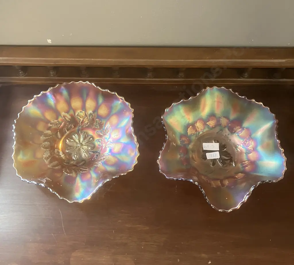 Antique Dugan Cosmos Variant Amethyst / Marigold? Iridescent 6-Ruffel Carnival Glass Bowls, Early 1900s. 8 x 25 & 7 x 24 Image 1++