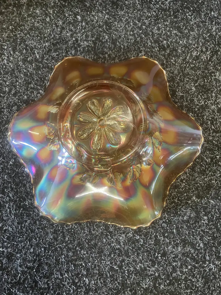 Antique Dugan Cosmos Variant Amethyst / Marigold? Iridescent 6-Ruffel Carnival Glass Bowls, Early 1900s. 8 x 25 & 7 x 24 Image 1++