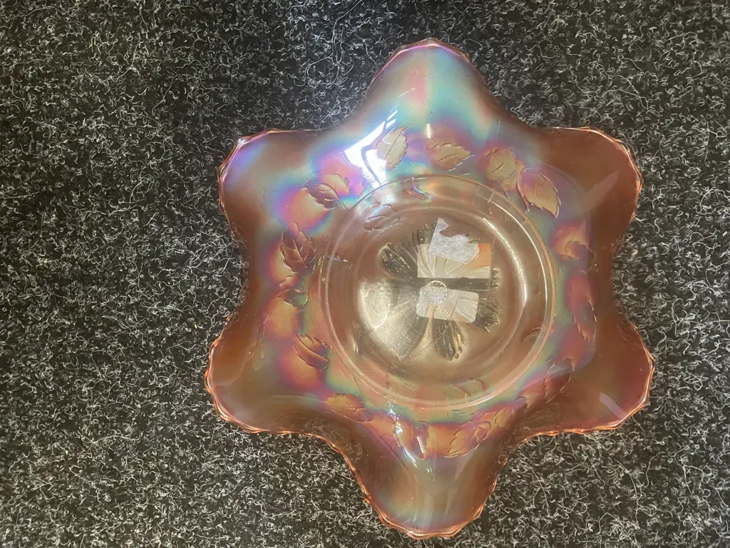 Antique Dugan Cosmos Variant Amethyst / Marigold? Iridescent 6-Ruffel Carnival Glass Bowls, Early 1900s. 8 x 25 & 7 x 24 Image 1++