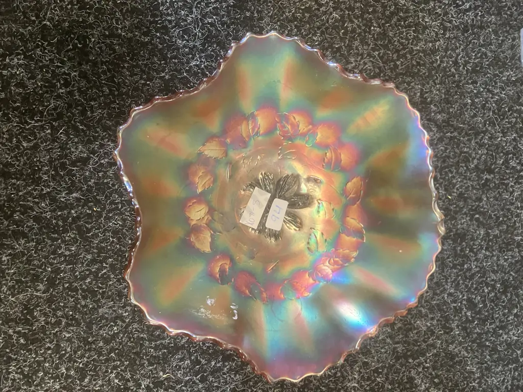 Antique Dugan Cosmos Variant Amethyst / Marigold? Iridescent 6-Ruffel Carnival Glass Bowls, Early 1900s. 8 x 25 & 7 x 24 Image 1++