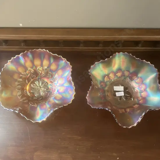 Antique Dugan Cosmos Variant Amethyst / Marigold? Iridescent 6-Ruffel Carnival Glass Bowls, Early 1900s. 8 x 25 & 7 x 24