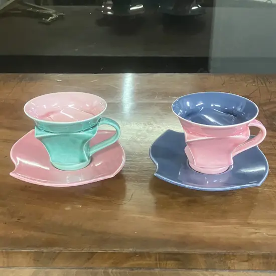 Pair of Bob Steiner Cups & Saucers, 1980's (Signature To Base c1984 -1986)