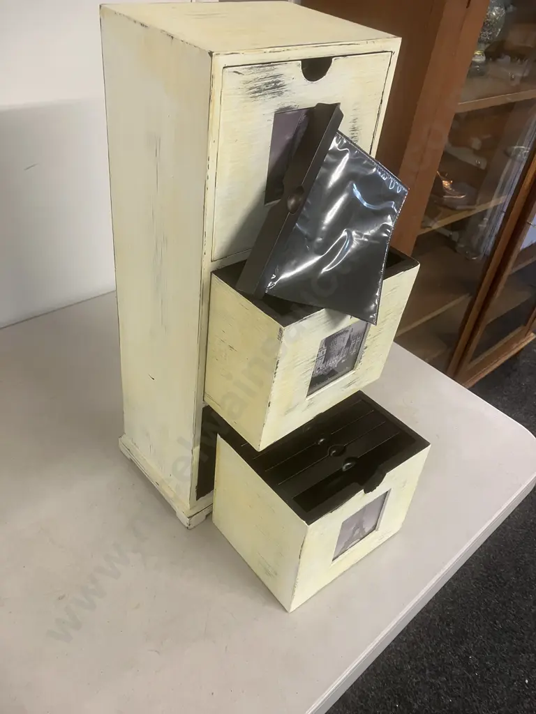 Three Drawer Photo Storage Cabinet, Shabby Chic Pale Yellow. H54.5 W21.5 D15.5cm Image 1++