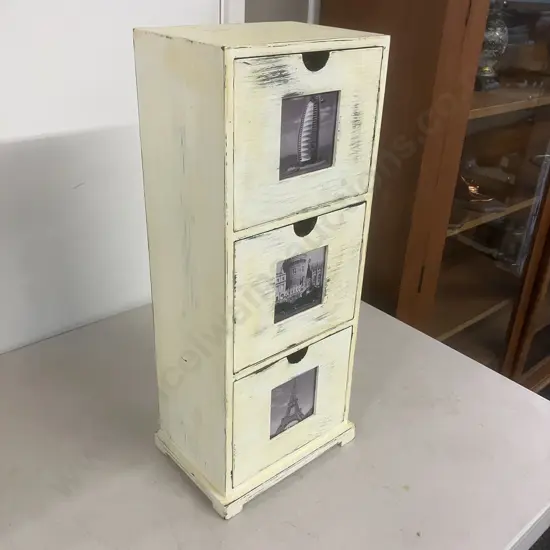 Three Drawer Photo Storage Cabinet, Shabby Chic Pale Yellow. H54.5 W21.5 D15.5cm