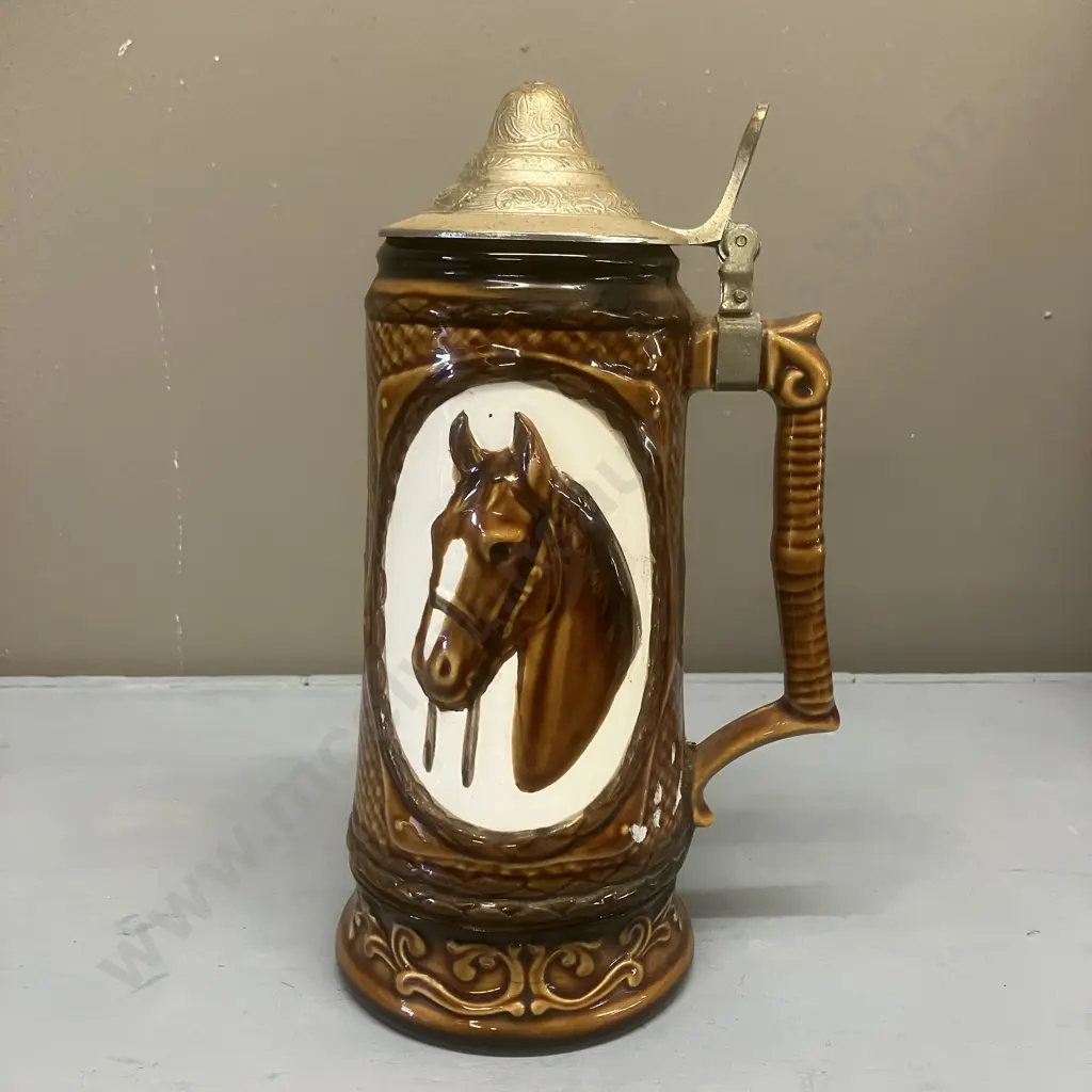 Vintage Musical Horse Head Beer Stein - Vales, Made in Japan 1970s, Pewter Lid. H23.5cm Image 1++
