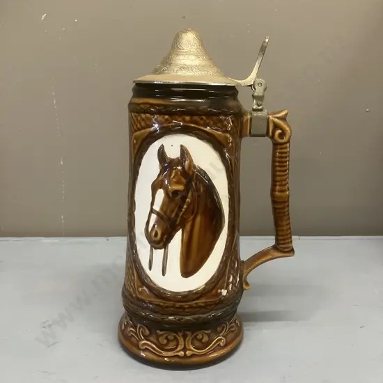 Vintage Musical Horse Head Beer Stein - Vales, Made in Japan 1970s, Pewter Lid. H23.5cm