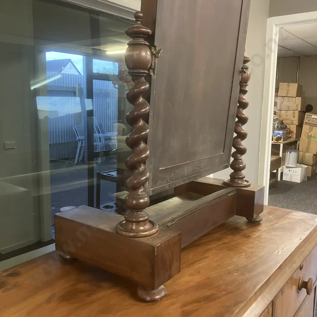 Victorian Antique Barley Twist Mahogany Dressing Mirror, Hinged Compartment, Swing Mirror. H87 W68 D36cm Image 1++