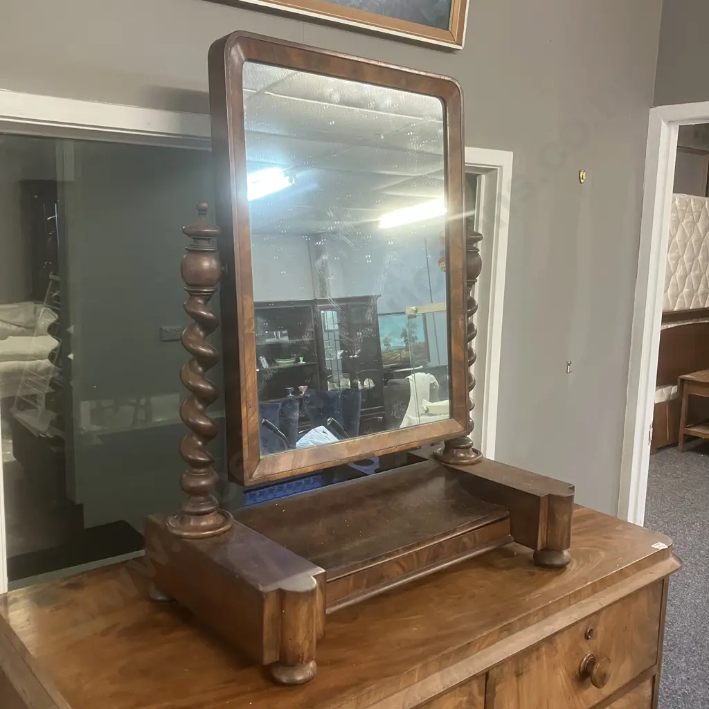 Victorian Antique Barley Twist Mahogany Dressing Mirror, Hinged Compartment, Swing Mirror. H87 W68 D36cm Image 1++