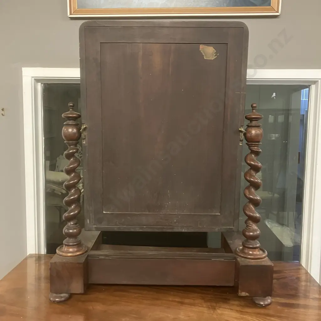 Victorian Antique Barley Twist Mahogany Dressing Mirror, Hinged Compartment, Swing Mirror. H87 W68 D36cm Image 1++