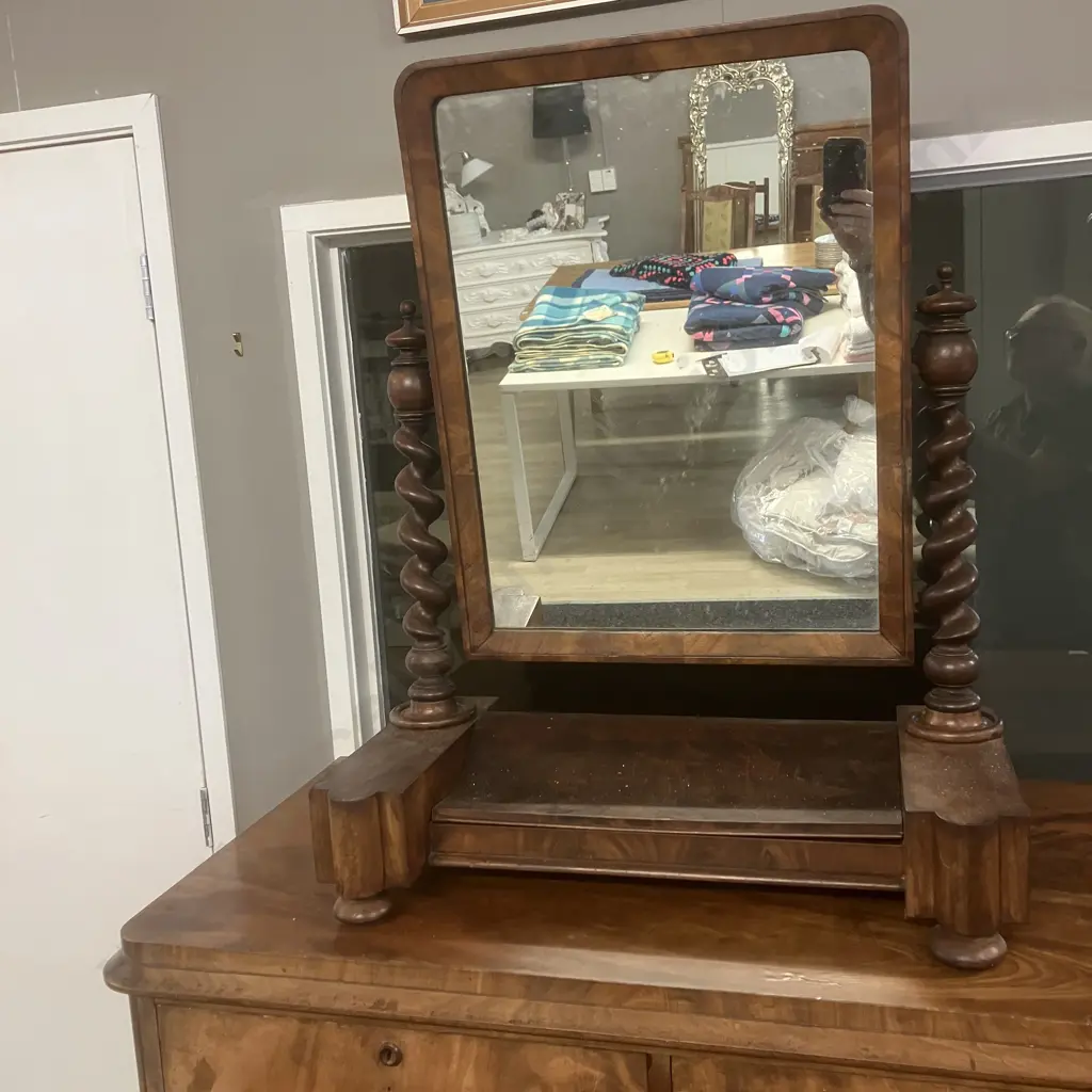 Victorian Antique Barley Twist Mahogany Dressing Mirror, Hinged Compartment, Swing Mirror. H87 W68 D36cm Image 1++
