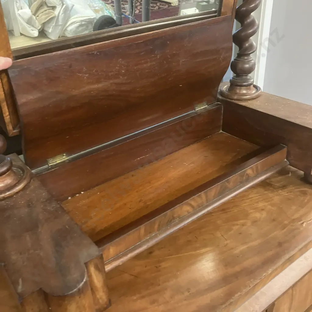 Victorian Antique Barley Twist Mahogany Dressing Mirror, Hinged Compartment, Swing Mirror. H87 W68 D36cm Image 1++