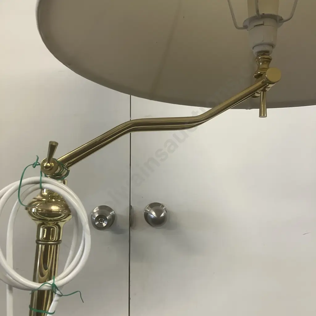 Brass Finish Swing Arm Floor Lamp, Double Adjustments. White Shade With Rose Pink Beading. H167cm Image 1++