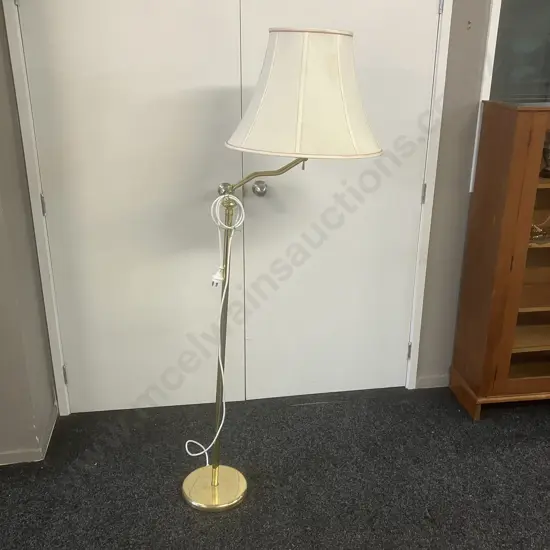 Brass Finish Swing Arm Floor Lamp, Double Adjustments. White Shade With Rose Pink Beading. H167cm