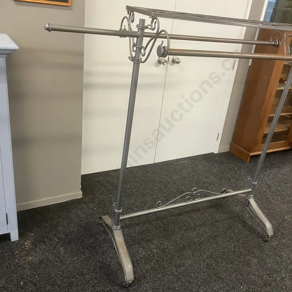Vintage Wrought Iron Garment Rack With Scroll Ends & Wheels. Extensions For Ends. H147 W120 D60cm Image 1++