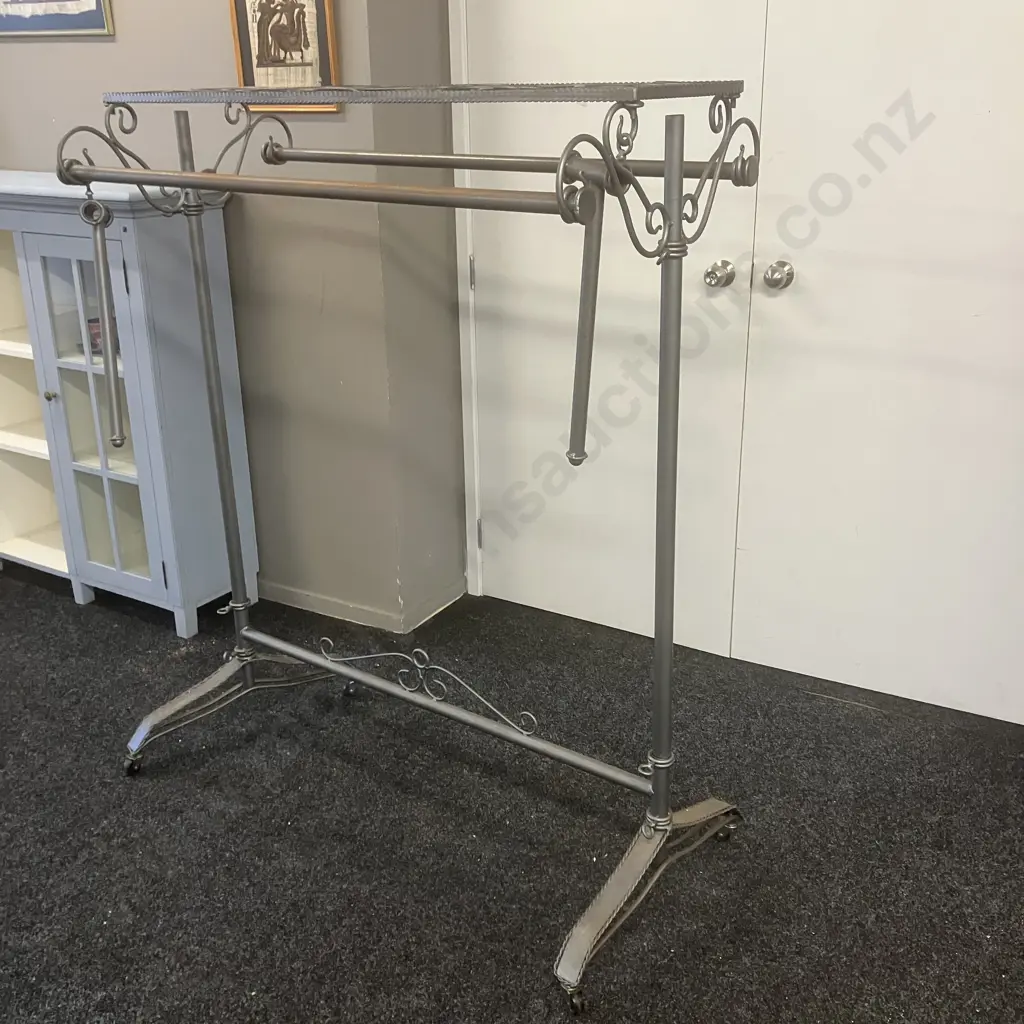 Vintage Wrought Iron Garment Rack With Scroll Ends & Wheels. Extensions For Ends. H147 W120 D60cm Image 1++