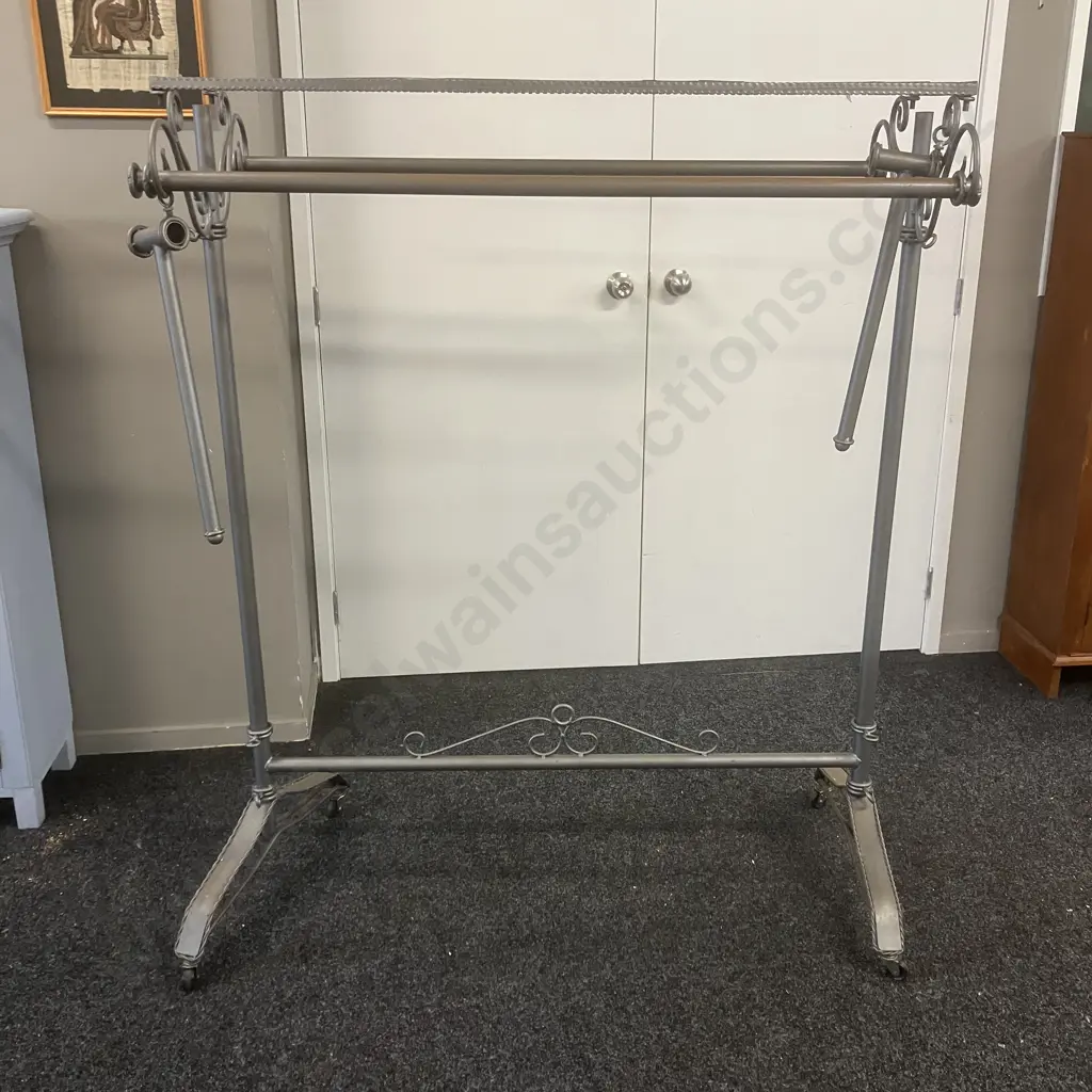 Vintage Wrought Iron Garment Rack With Scroll Ends & Wheels. Extensions For Ends. H147 W120 D60cm Image 1++